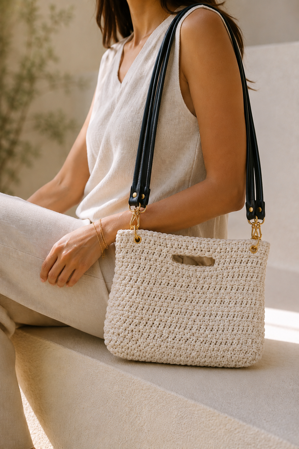 A handcrafted cream crochet shoulder bag carried in soft natural light