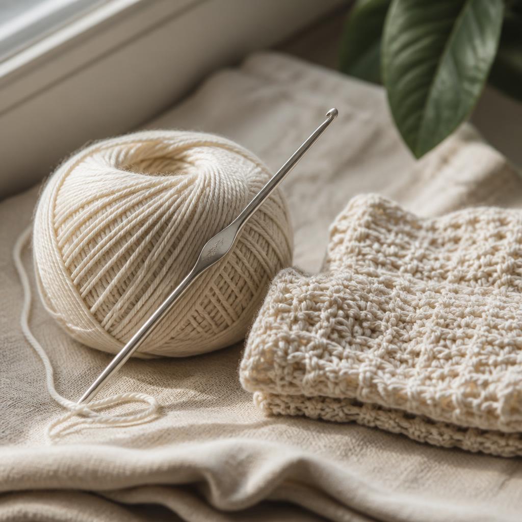 Cotton yarn and crochet in progress at the bench