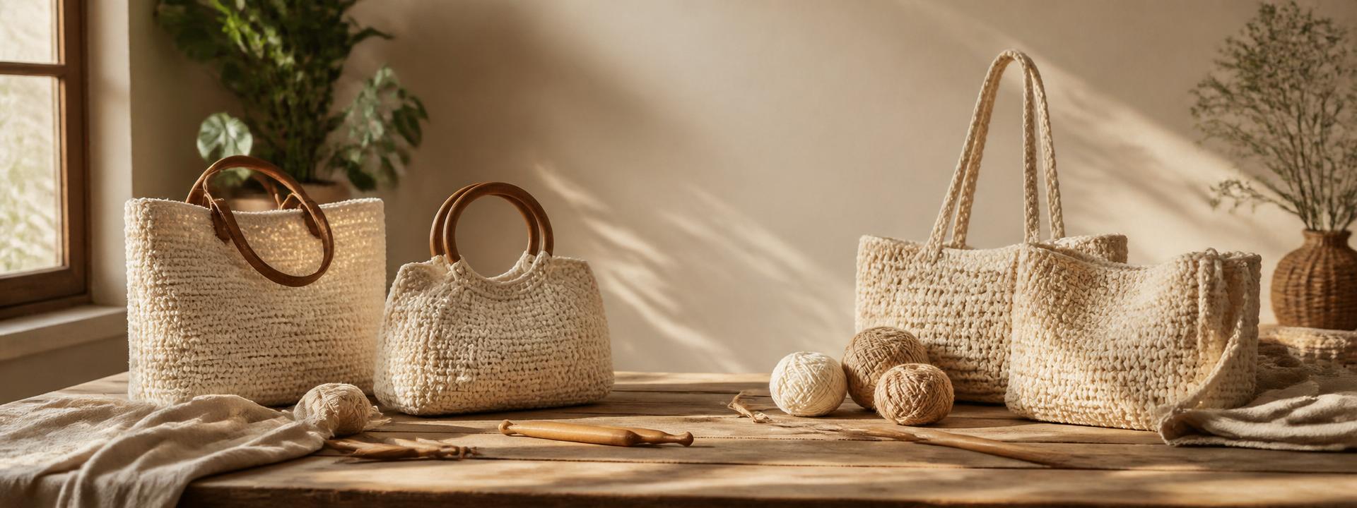 Handmade crochet bags, cotton yarn and wooden crochet hooks on a wooden table in Anitha's Chennai home studio, warm afternoon light.
