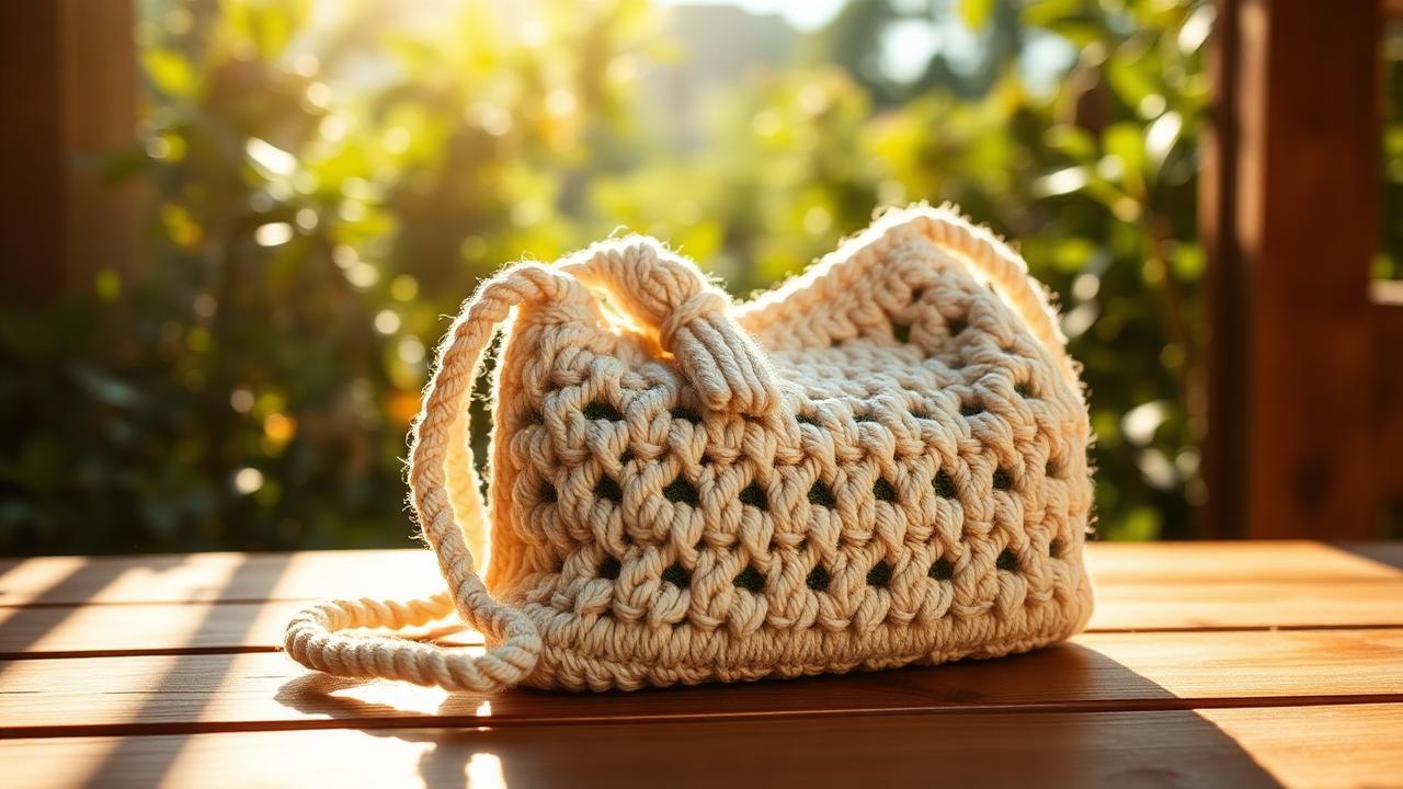 A handmade crochet bag in warm daylight.
