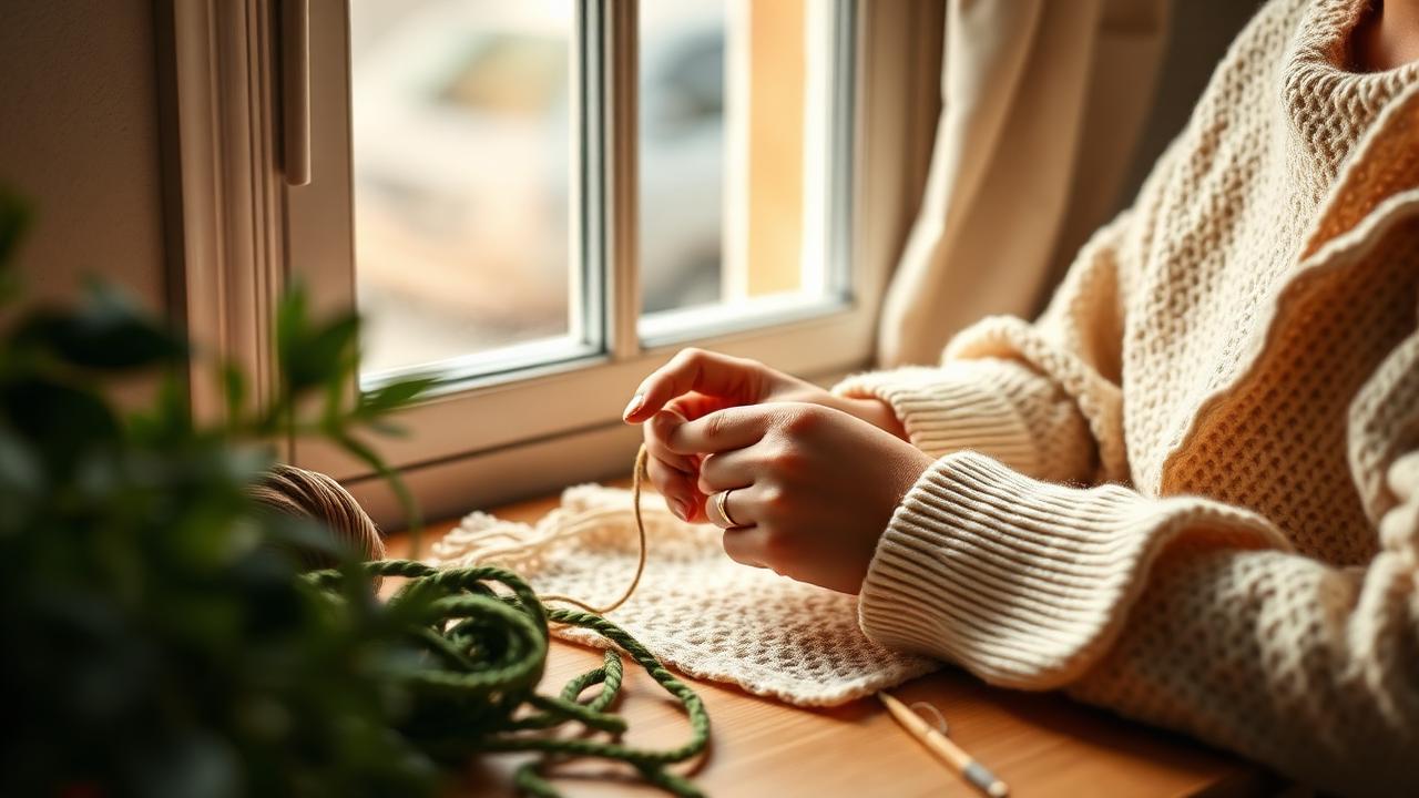 Hands mid-stitch at a craft table by a window.