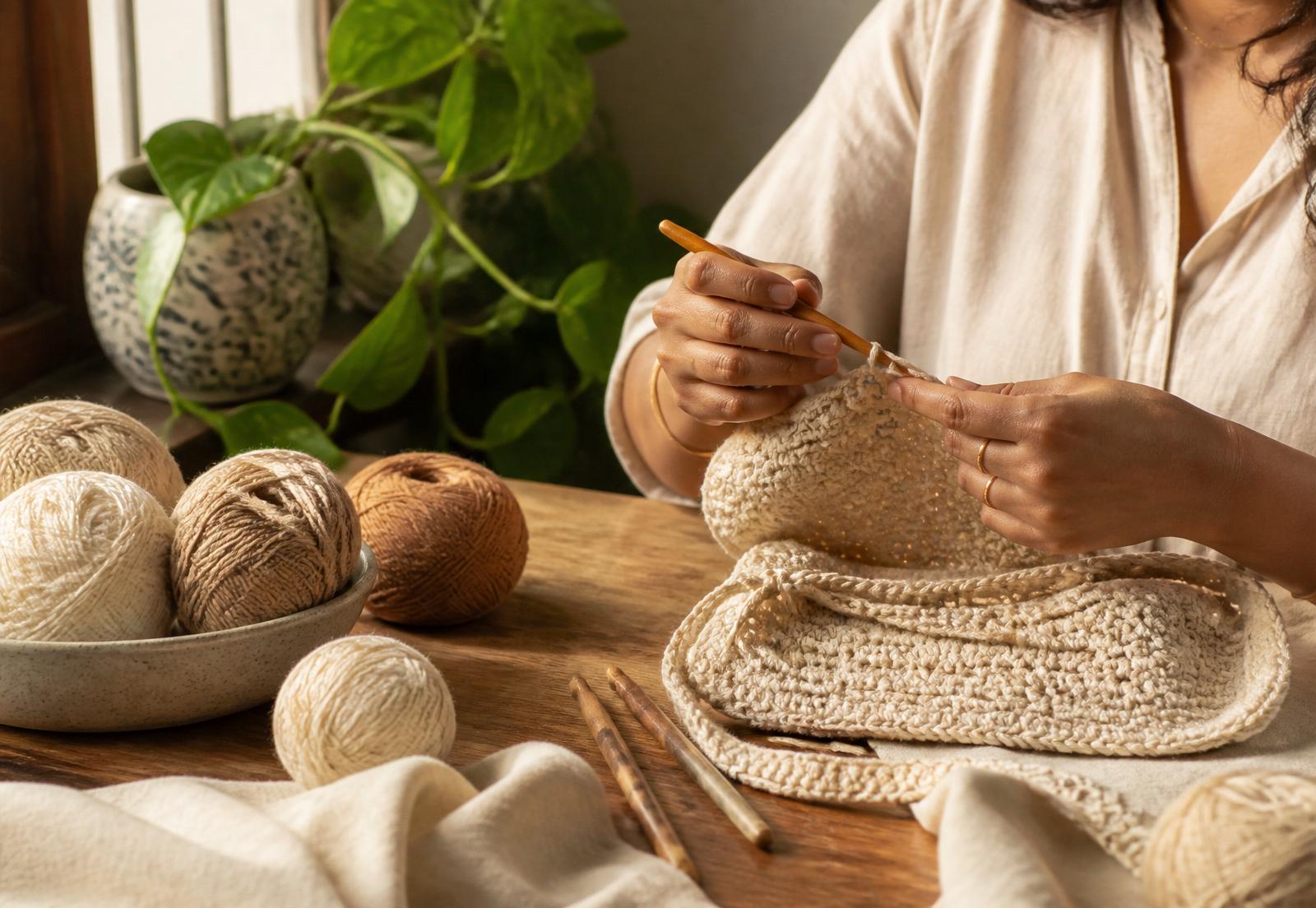 Anitha's hands crocheting with natural cotton yarn at a wooden table in her Chennai home studio, warm morning light.
